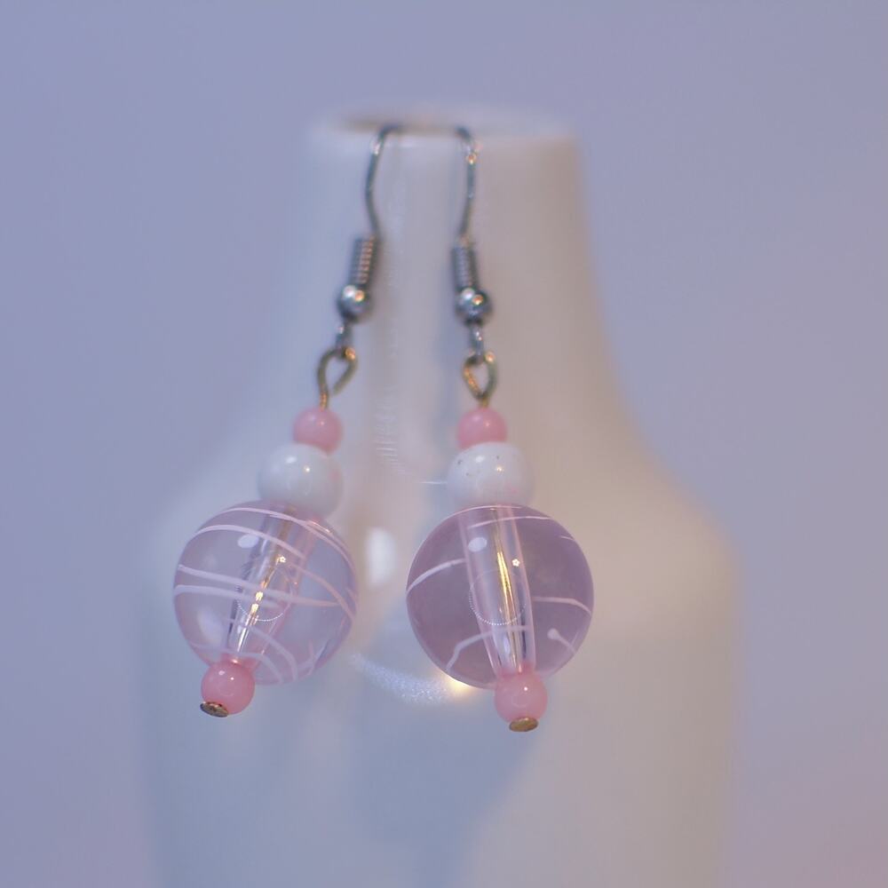 Pink & White Swirl Beaded Earrings; Handmade Sterling Silver